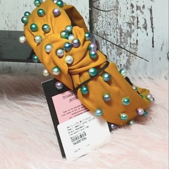 Mustard Knotted Multicolor Pearl Embellished Soft HeadBand - Picture 1 of 12